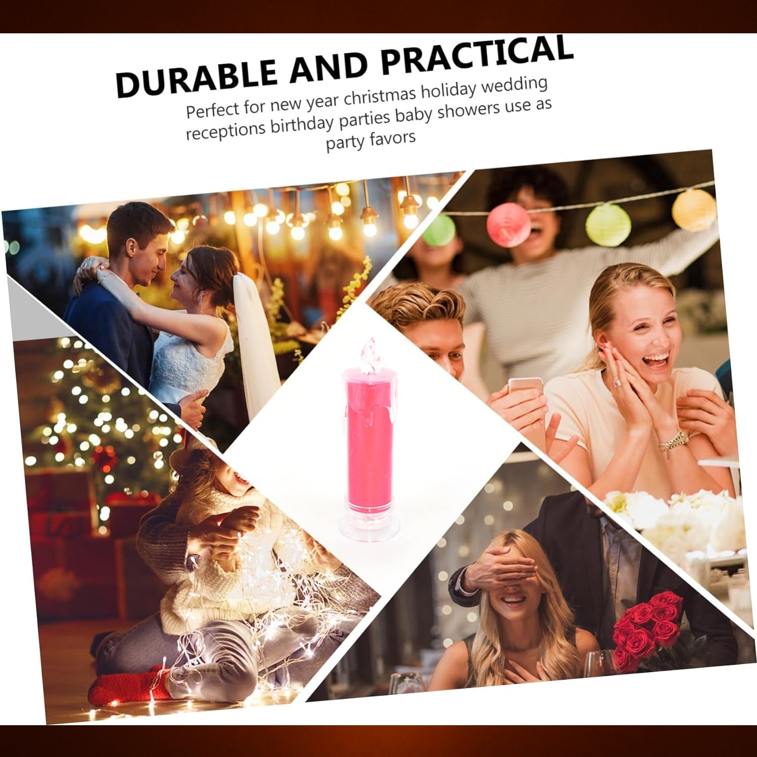 Various angles of the red flameless candle, showing its use in festive and home decor. Various angles of the red flameless candle, showing its use in festive and home decor.